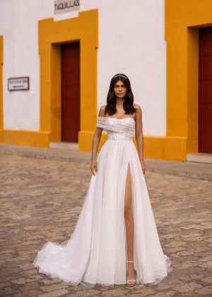 Ivory Glitter Tulle High Slit Sexy Wedding Dress Ivory Glitter Tulle High Slit Sexy Wedding Dress